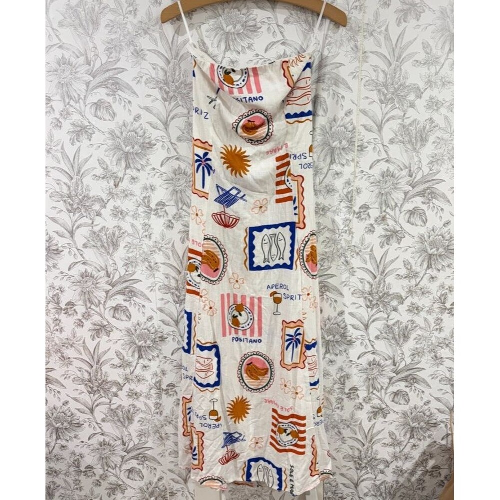 Paper Heart Dress Women XS Maxi Strapless Linen Blend Italy Capri Aperol Print